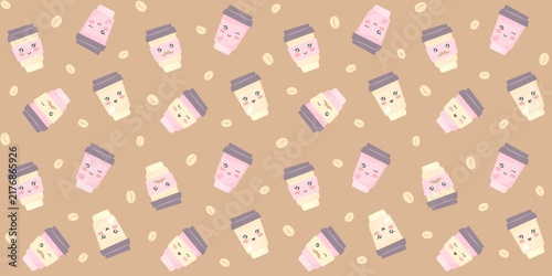 Pink and yellow coffee cups with lids and funny faces on a beige background with coffee beans. A cute endless texture with paper kawaii cups. Vector seamless pattern for cover, surface texture, print