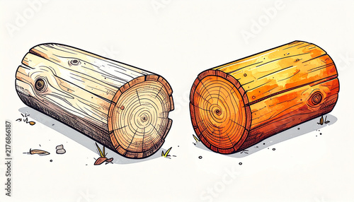 Illustration of Two Wooden Logs with Different Finishes