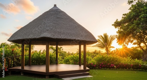A gazebo in a tropical setting at sunset illustration