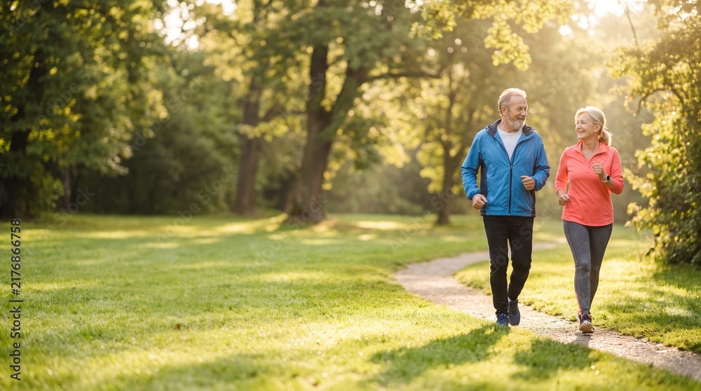 Obraz premium Active Senior Couple Jogging Together in Green Park