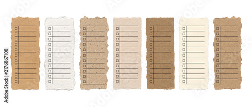 Blank checklist torn paper notes set with checkboxes isolated on black background for daily planning, organizing tasks, and schedule reminder. Kraft and recycled paper scraps collection.