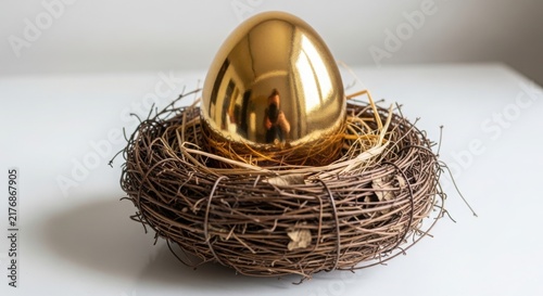 A golden egg sitting in a nest on a white surface illustration