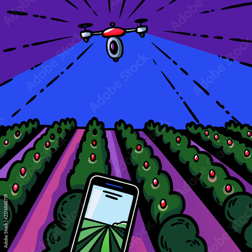 Drone navigates over rows of fresh crops to provide aerial surveillance data.