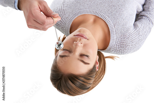 Sleeping woman face with pince-nez watch held by fingers isolated on transparent background png element