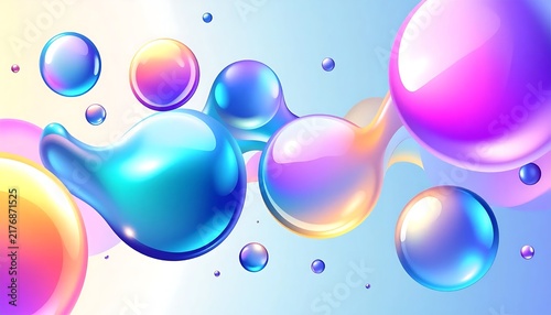 Colorful floating soap bubbles against pastel gradient background.