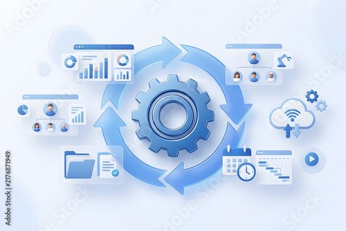 3D digital workflow cycle illustration featuring central gear surrounded by arrows, analytics dashboards, team hierarchy, and cloud icons