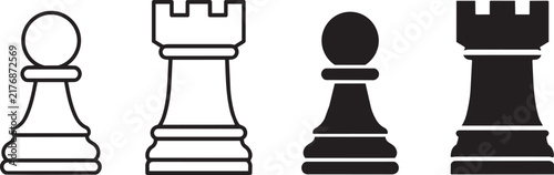 chess pieces set with pawn and rook outline and silhouette icons vector illustration