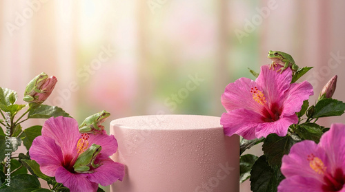 Beautiful front eye-level view photography of a Soft Pastel Pink matte ceramic cylinder podium surrounded by green tree frogs and bright magenta hibiscus flowers. 