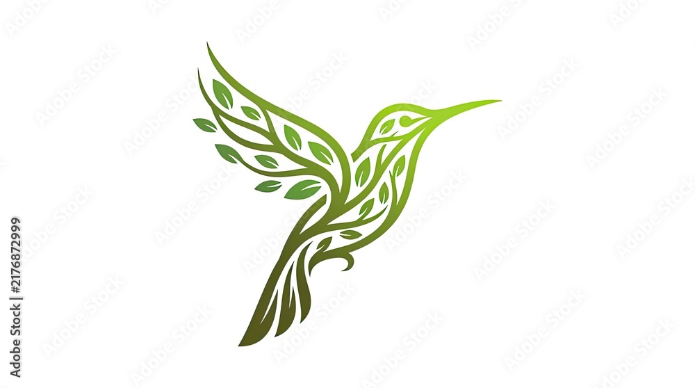 Obraz premium Green hummingbird silhouette made of organic leaf shapes.