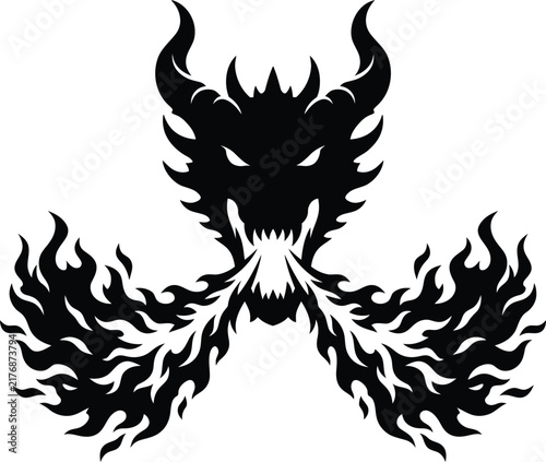 Fire breathing dragon head silhouette vector isolated on white