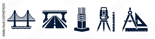 Civil Engineering Icons, Bridge, Road and Surveying Equipment