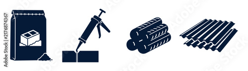 Construction Materials Icon Set, Cement Brick Rebar and Roofing 