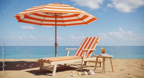 A beach scene with a lounge chair and umbrella illustration