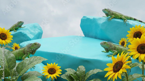 Beautiful dramatic low-angle view photography of a Neon Cyan smooth plaster asymmetrical rock podium surrounded by green iguanas and bright yellow sunflowers. 