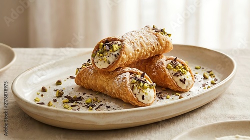 Three delicious italian cannoli pastries filled with cream and topped with chopped pistachios. Cannoli inspired sweets