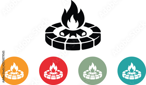 Campfire icon set with stone ring and burning flames in various circular color designs fire pit bonfire graphic hot fire
