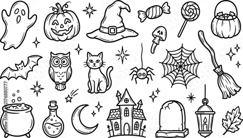 Bild auf Leinwand Spooky Halloween Outline Clipart Collection with Witch Hat Ghost Pumpkin Cat Spi