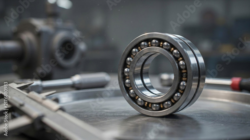 A precision ball bearing with a silver metal casing and multiple small steel balls inside sits on a textured metal surface, with a caliper, a wrench, and blurred mechanical parts in the