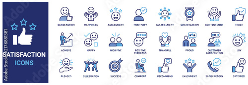 Satisfaction blue and black vector icon set, customer satisfaction feedback and happiness icons.