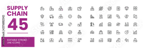 Collection of supply chain icons in editable stroke format for logistic and business concept design.