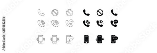 Phone icons set including call, no calls allowed, and message notifications in outline and filled styles.