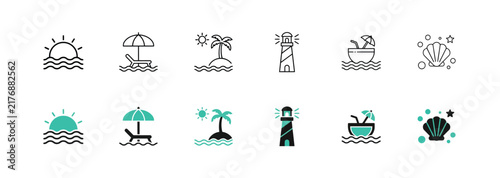 Beach and vacation icons depicting sun, sea, palm trees, lighthouse, and cocktails for travel themes.