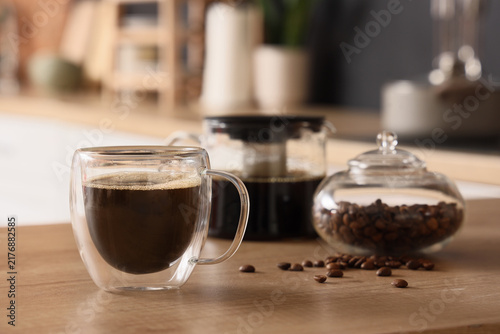 Bild auf Leinwand Morning routine and coffee culture, glass cup of hot black coffee with roasted b