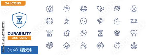 Durability line icons set containing blue shield and hourglass elements for mental health and lifestyle branding projects.