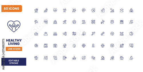 Healthy living line icons set featuring professional clean vector symbols for wellness and lifestyle healthcare branding assets.