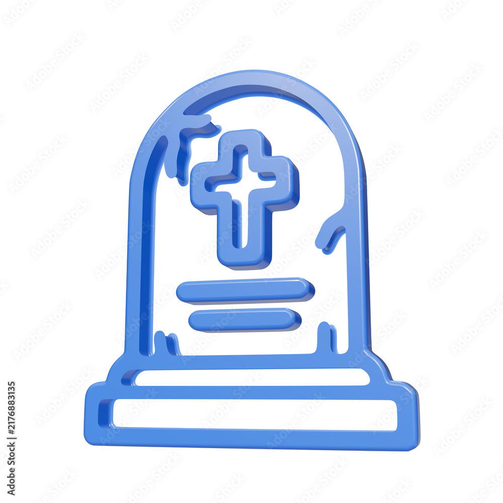 Fototapeta premium Blue glossy 3D tombstone icon with cross symbol on black background