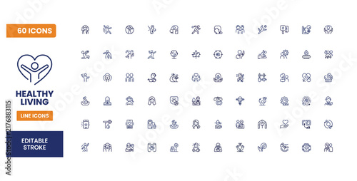 Healthy living line icons set representing wellness exercise nutrition and organic lifestyle concept.