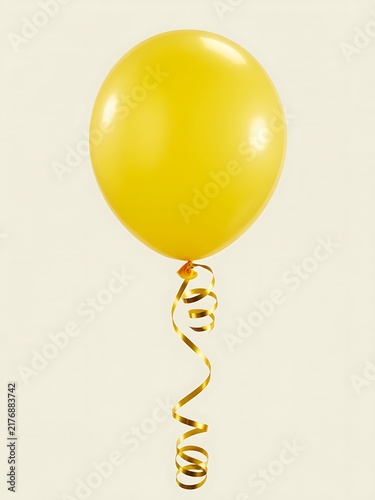 Single Bright Yellow Balloon Golden Curled Ribbon Party Celebration Photo