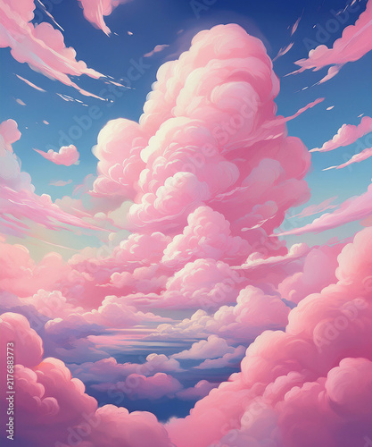 Fantasy sky with sugar cotton pink pastel clouds in a dreamy background