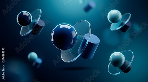 Abstract 3D Blue Spheres with Orbital Rings on Dark Background