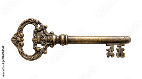 Antique Ornate Brass Skeleton Key With Filigree Bow.
