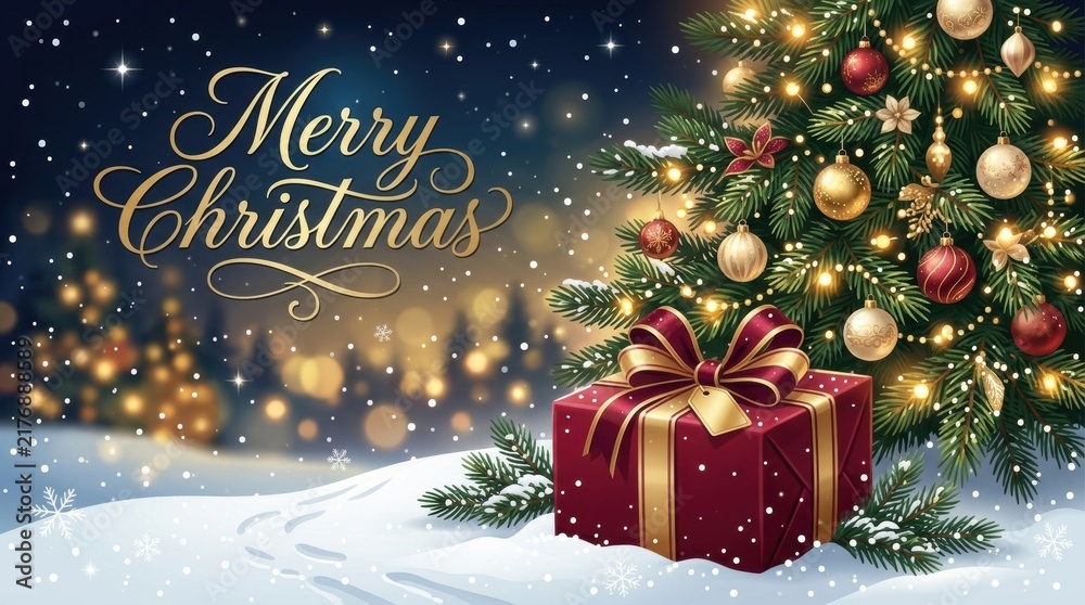 Obraz premium Merry Christmas greeting with decorated tree and gift in snowy landscape