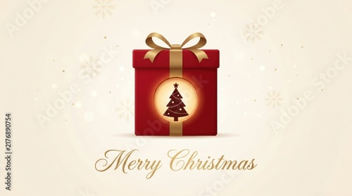 Quadro su tela Elegant red gift box with Christmas tree inside and festive snowflakes
