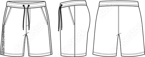 Men sweat shorts fashion flat CAD technical sketch template front side back view vector illustration.