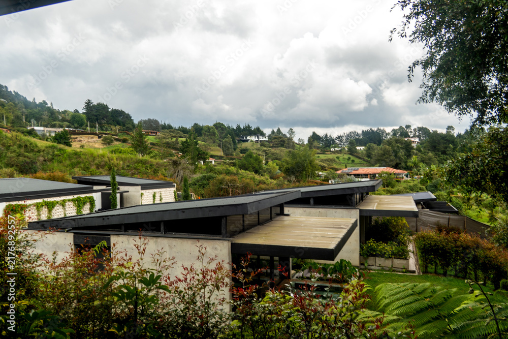 Naklejka premium Modern house on a lush hillside under cloudy skies