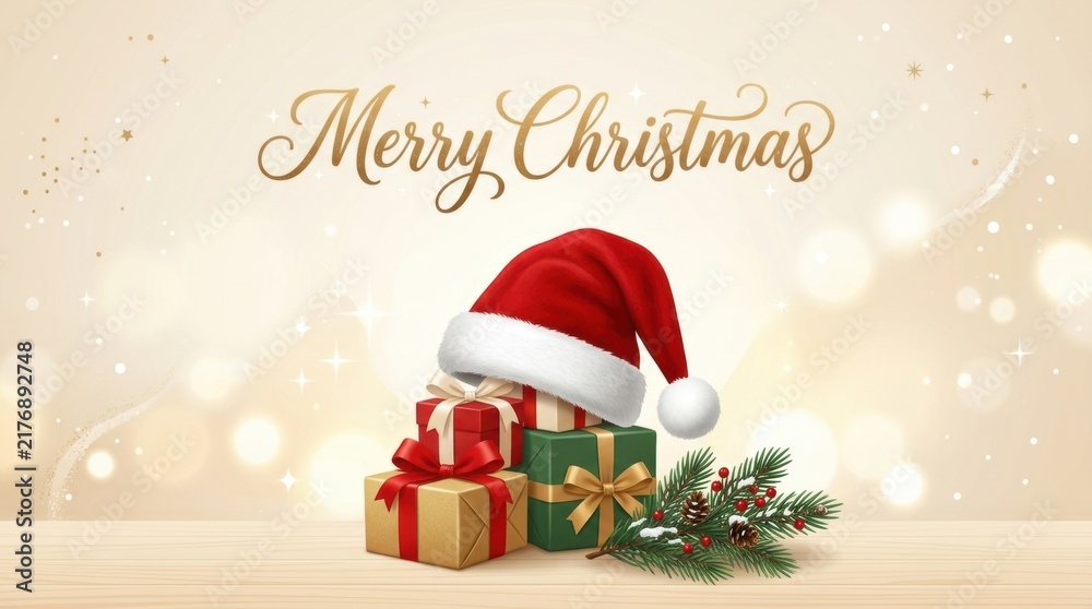 Naklejka premium Festive Christmas gifts piled high under a Santa hat with pine sprigs