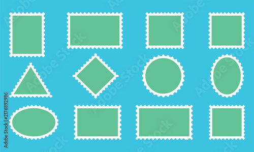 Postage stamp frame shapes vector blank templates collection set isolated on blue background.