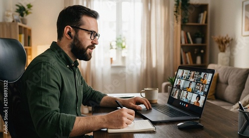 Man on a video call meeting with team while working remotely from home