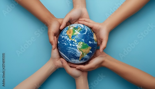 Group of Diverse Hands Holding Earth Globe on Blue Background, International Human Solidarity Concept with Global Unity, World Health and Peace
