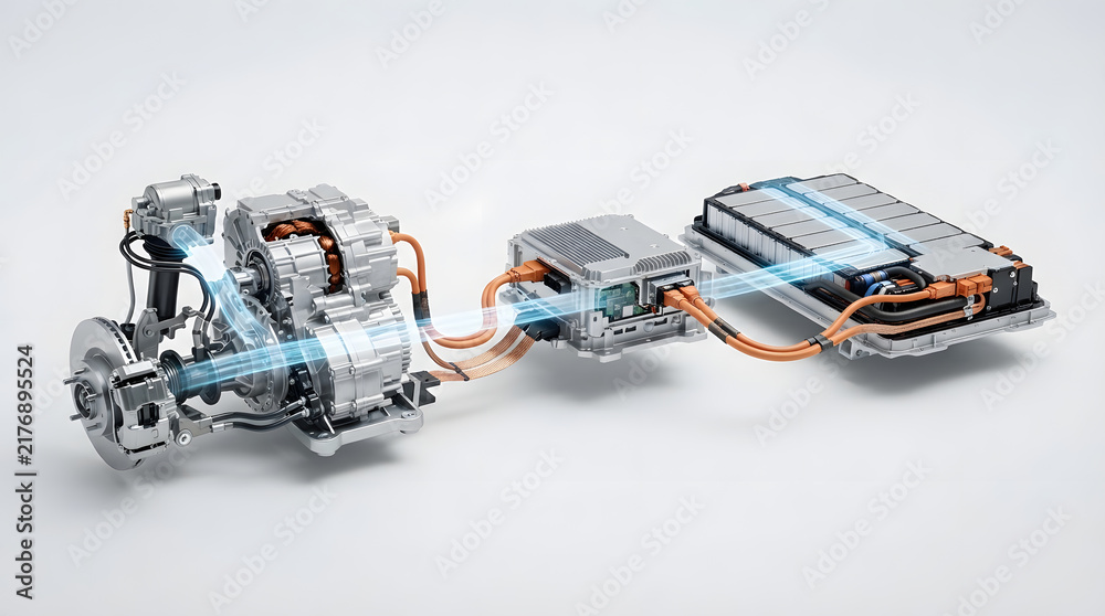 Naklejka premium Electric vehicle drivetrain with battery pack, electric motor, inverter and transmission components for future automotive engineering