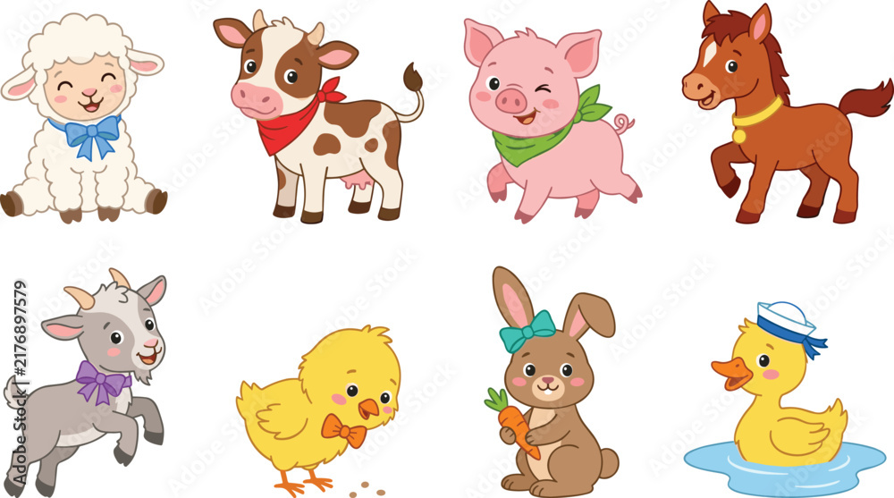 Obraz premium Cute Cartoon Farm Animal Collection with Sheep Cow Pig Horse Donkey Chick Rabbit and Duck