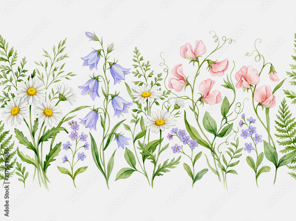 Fototapeta premium Watercolor wildflower border with daisy bluebell sweet pea and forget me not flowers on white background