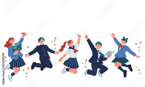 リズムよく跳ねる学生5人組のイラスト