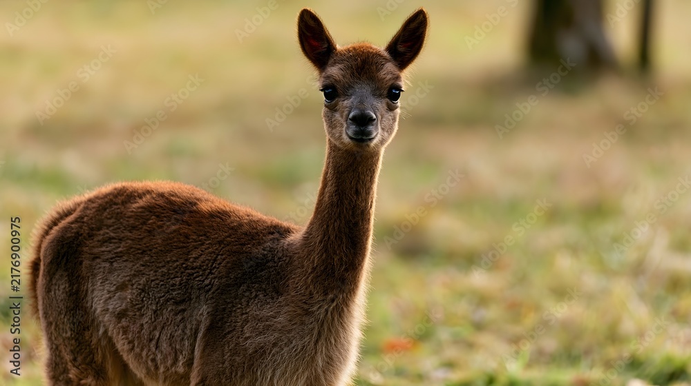 Fototapeta premium A young alpaca stands alert in a sunlit grassy field its dark eyes and brown fur catching the warm afternoon light
