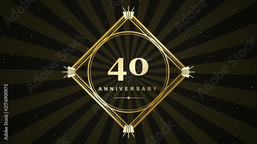 elegant 40th anniversary celebration background featuring a gleaming gold art deco diamond frame and the number forty on a dark background with radiating sunburst light rays.
