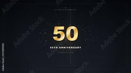 elegant golden 50th anniversary motion graphic featuring glowing geometric lines and particles on a dark background. Perfect for celebrating corporate milestones, jubilees, and special events.